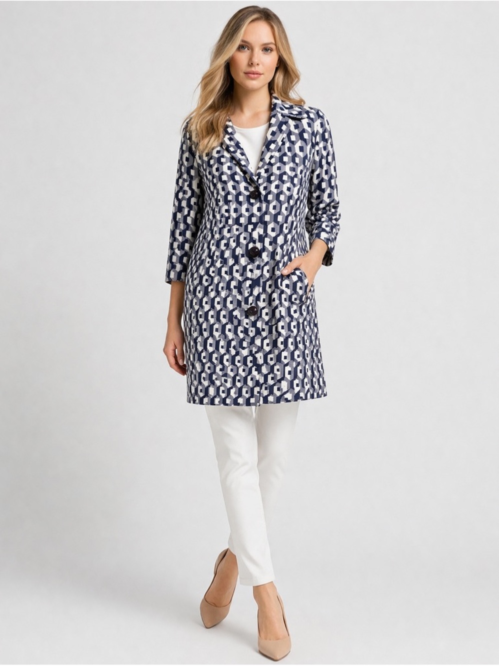 Trina Turk Blue White Geometric Jacket Size S 3/4 Sleeve Peacoat Chic Statement